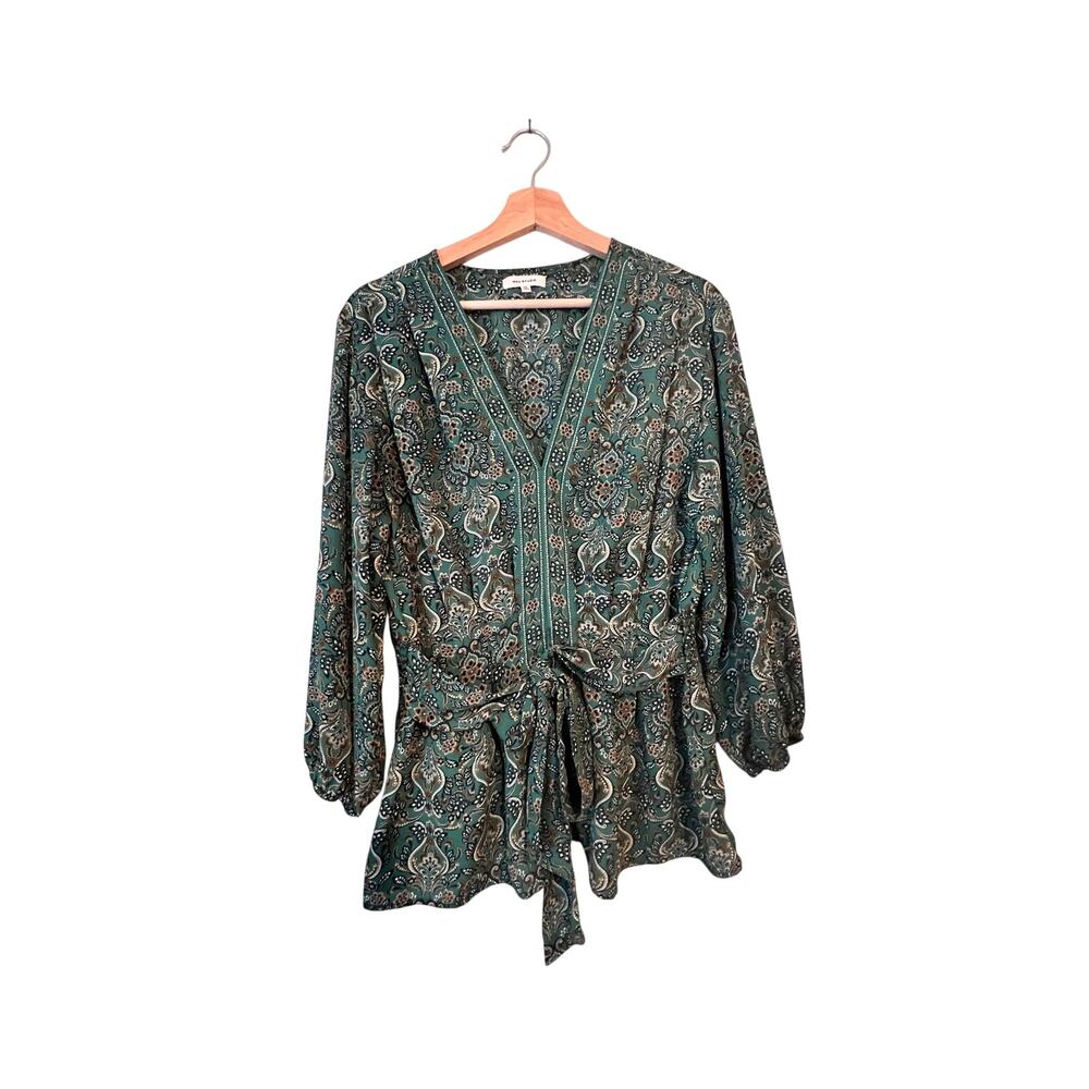 Summer Green Paisley Blouse peasant Puff Sleeve Elastic Waist Office